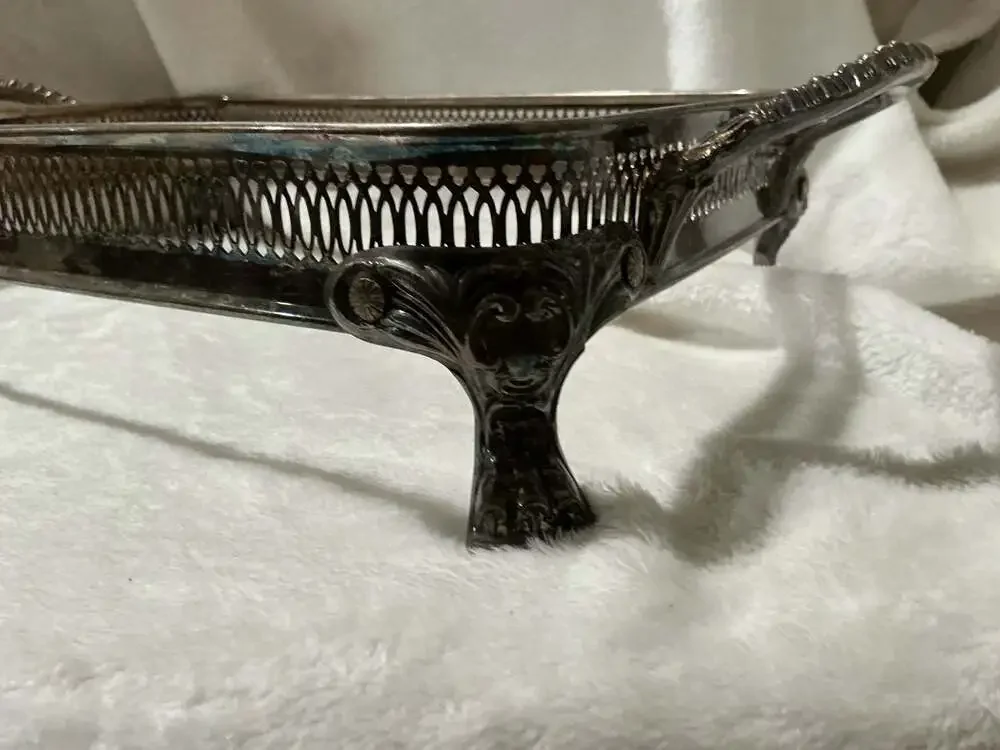 Vintage Silver Plated Footed Casserole Dish Holder Tray with Handles